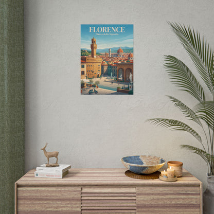 Florence rolled poster mounted on wall, small Florence skyline scene and title text