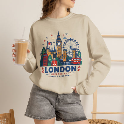 Light sand crewneck sweatshirt with colorful London skyline graphic on the front
