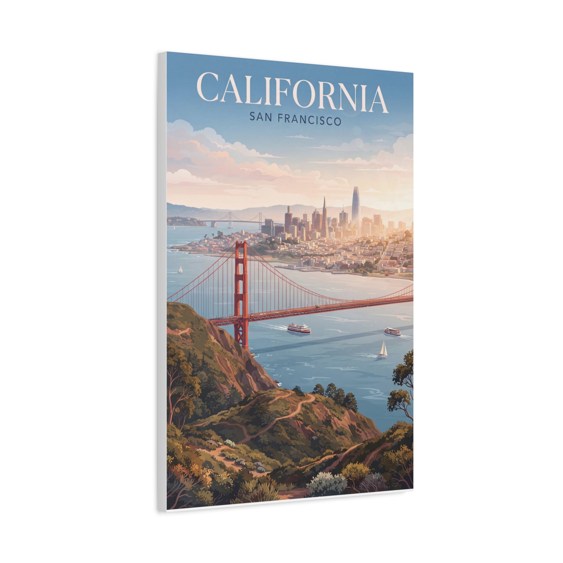 Hanging canvas wall art showing Golden Gate Bridge, San Francisco skyline, California title