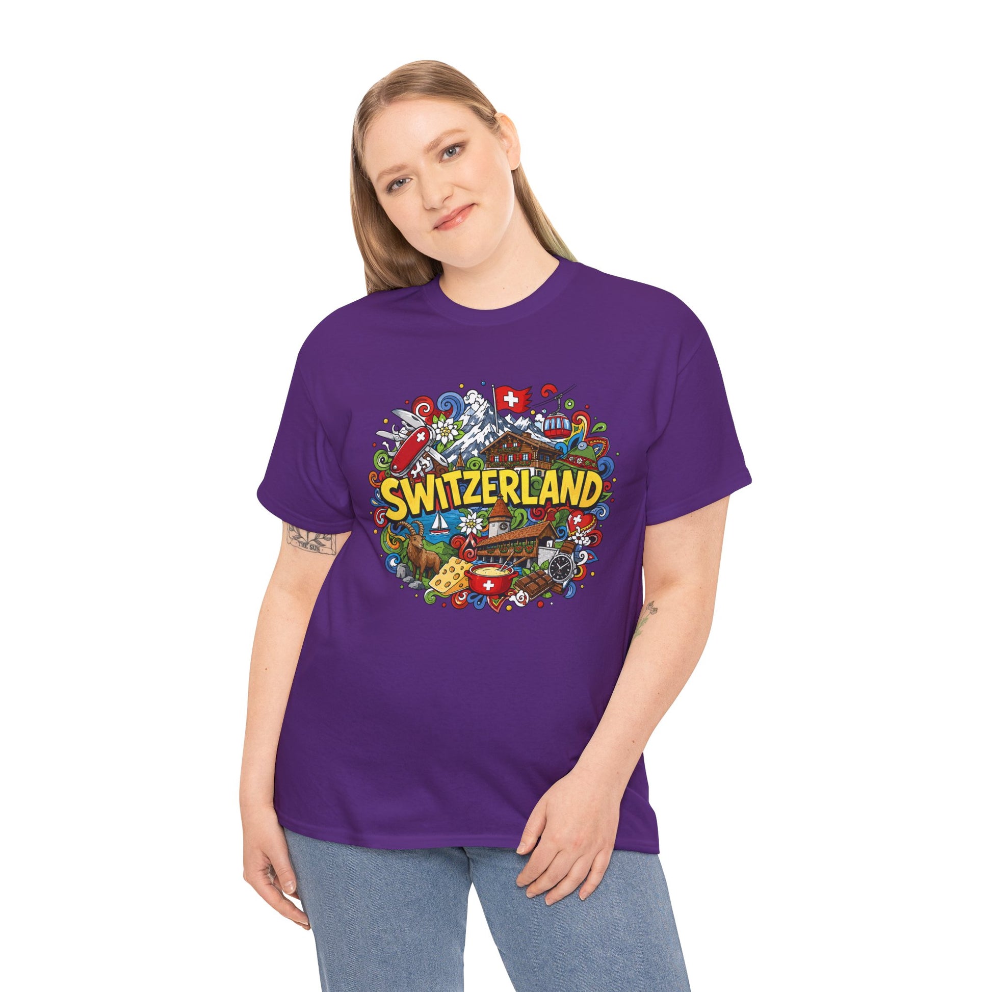 Purple travel t-shirt with colorful Switzerland-themed front graphic