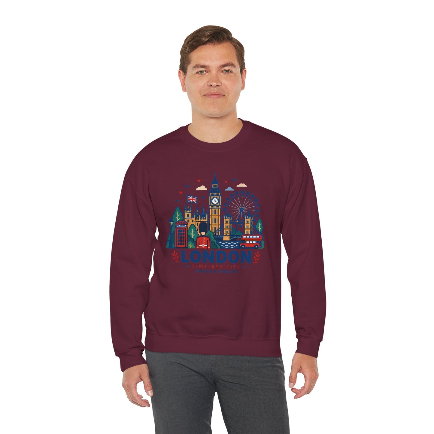 Maroon crewneck sweatshirt with London skyline graphic on chest