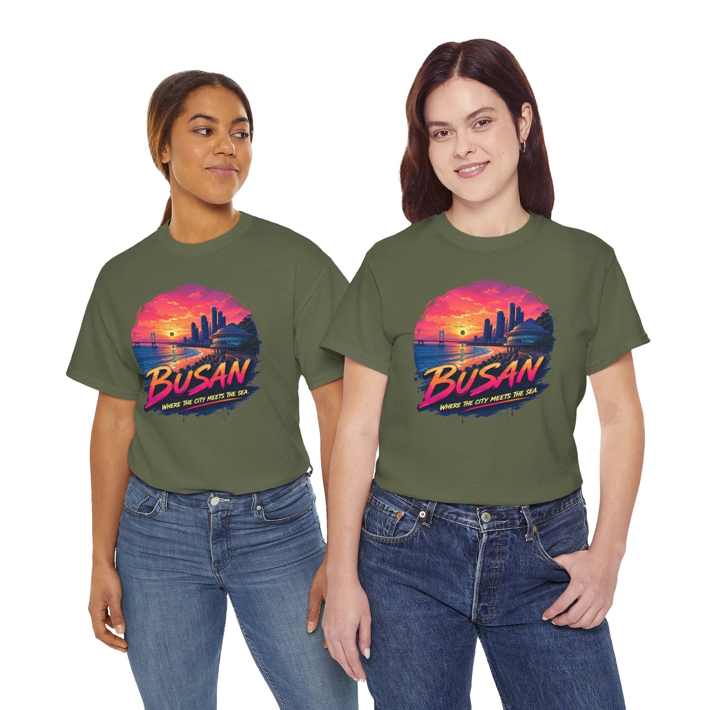 Olive green crewneck t-shirt with colorful Busan skyline sunset graphic on the front
