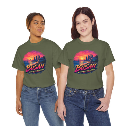 Olive green crewneck t-shirt with colorful Busan skyline sunset graphic on the front