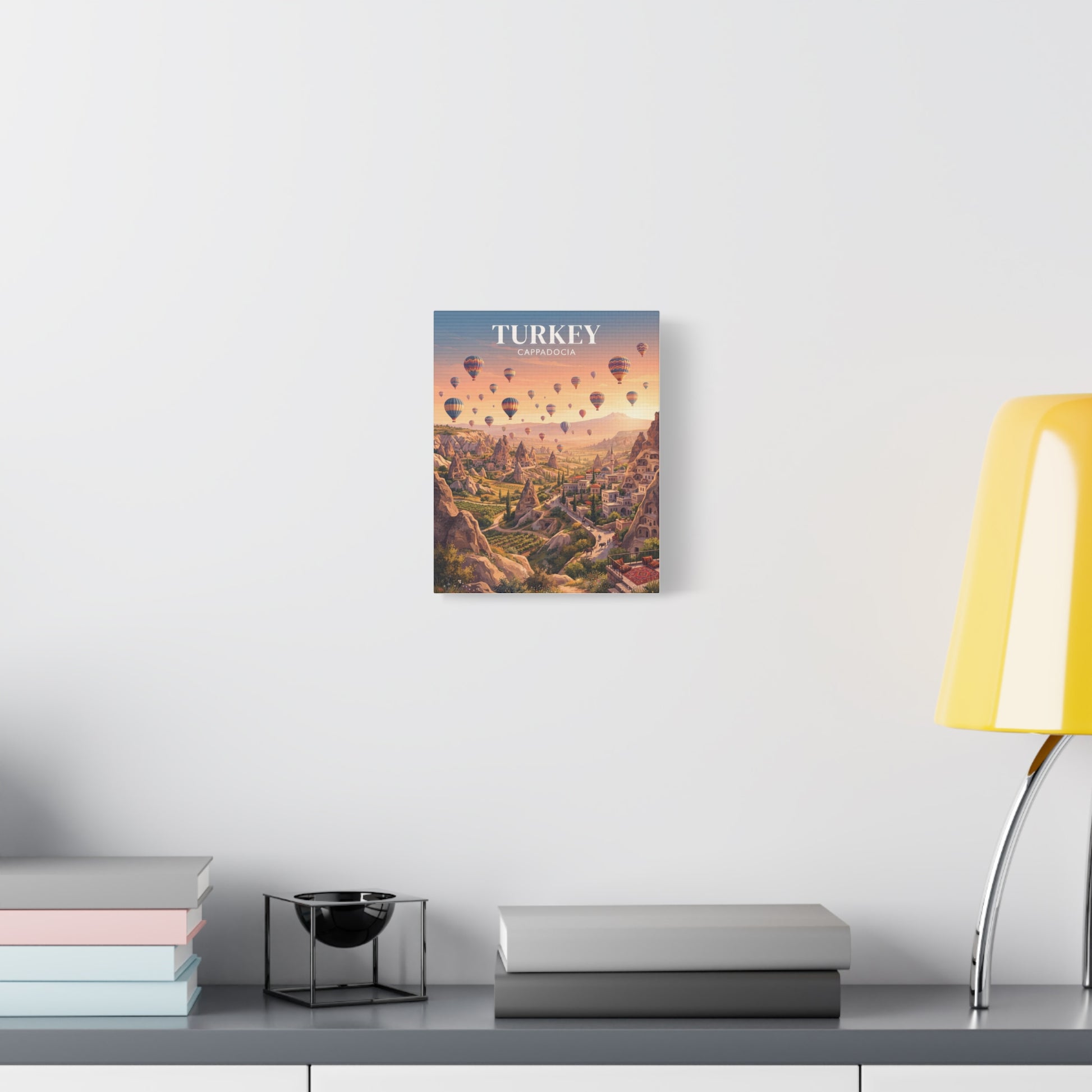 Small matte canvas wall art with hot air balloons over Cappadocia, 'TURKEY' title.