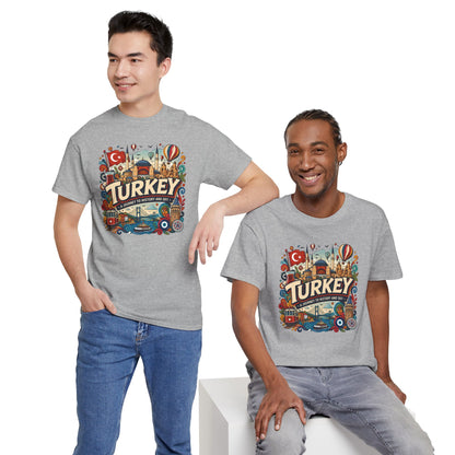 Light gray T-shirt with Turkey emblem front print shown on two models