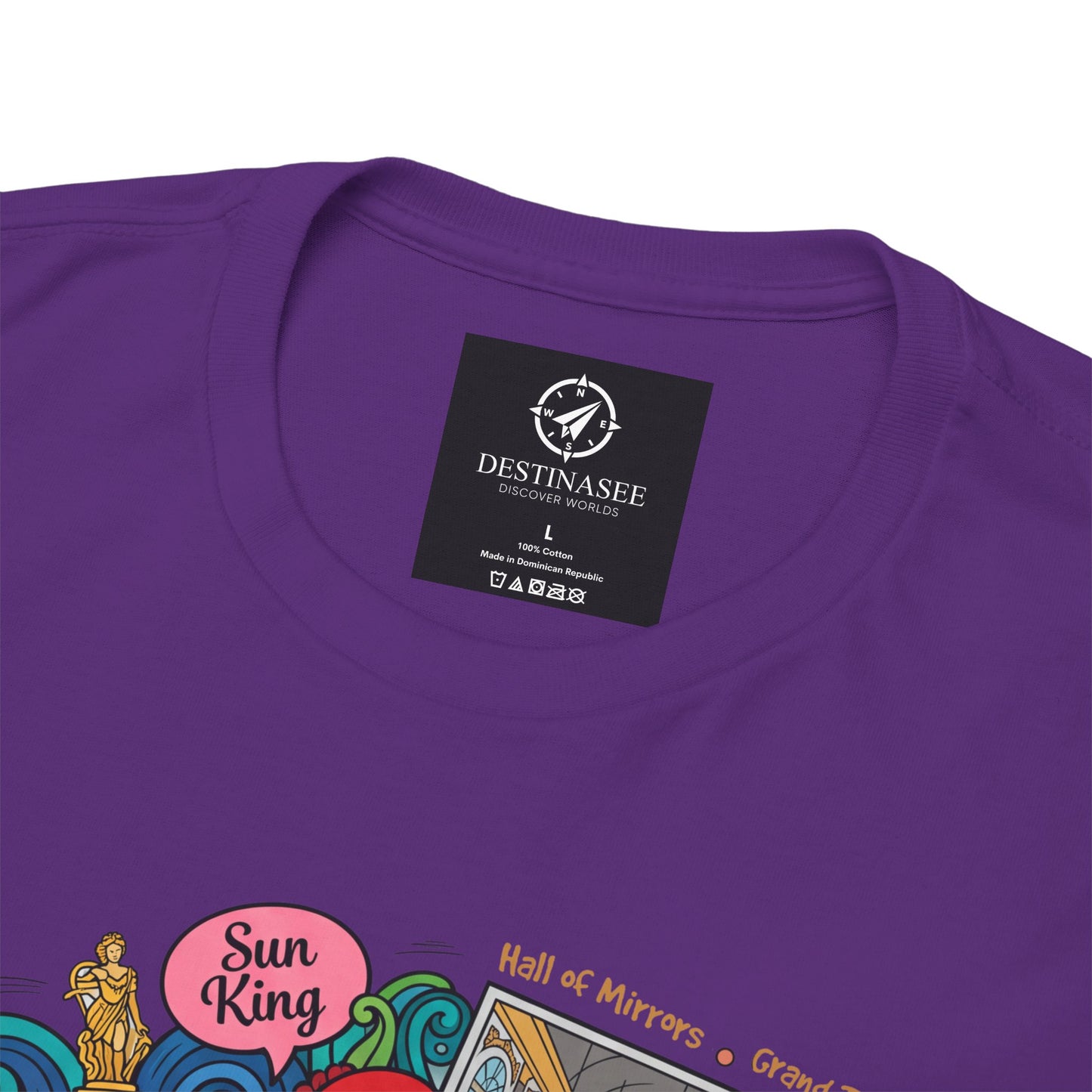 Purple t-shirt back close-up with brand tag at neckline and partial artwork text