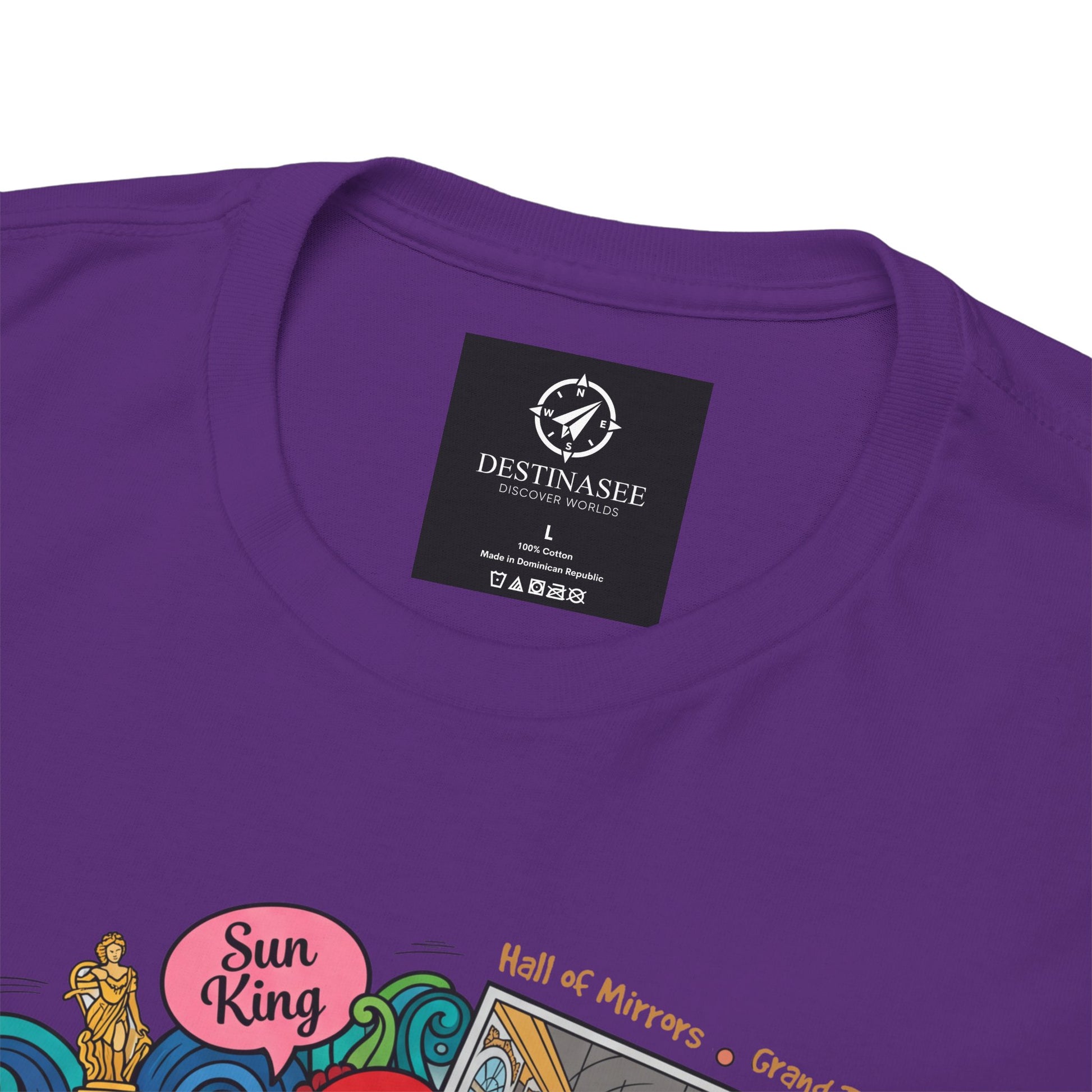 Purple t-shirt back close-up with brand tag at neckline and partial artwork text