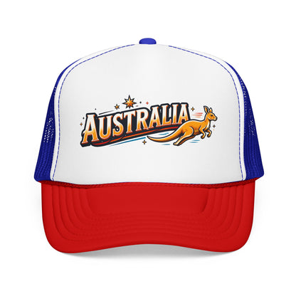 White trucker hat with royal blue brim and blue mesh panels; kangaroo graphic
