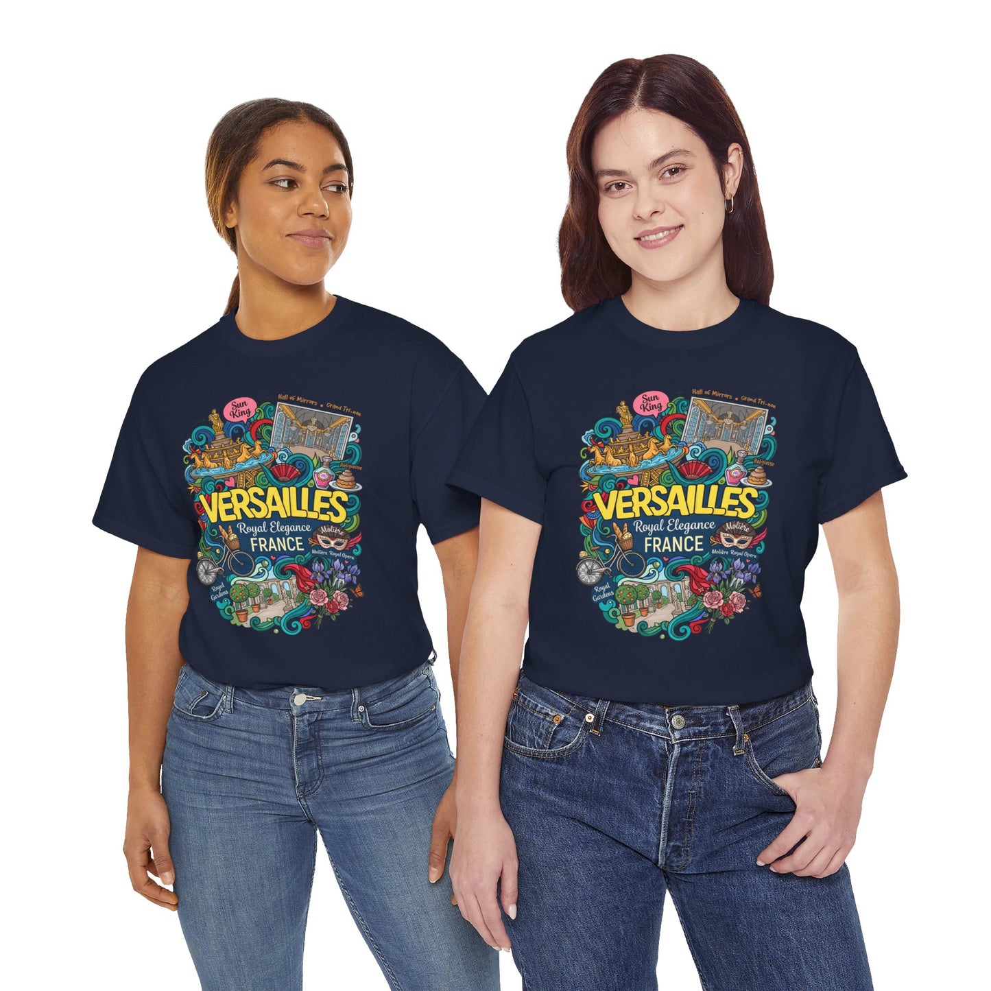 Navy short-sleeve T-shirt on two models with colorful “Versailles France” front graphic.