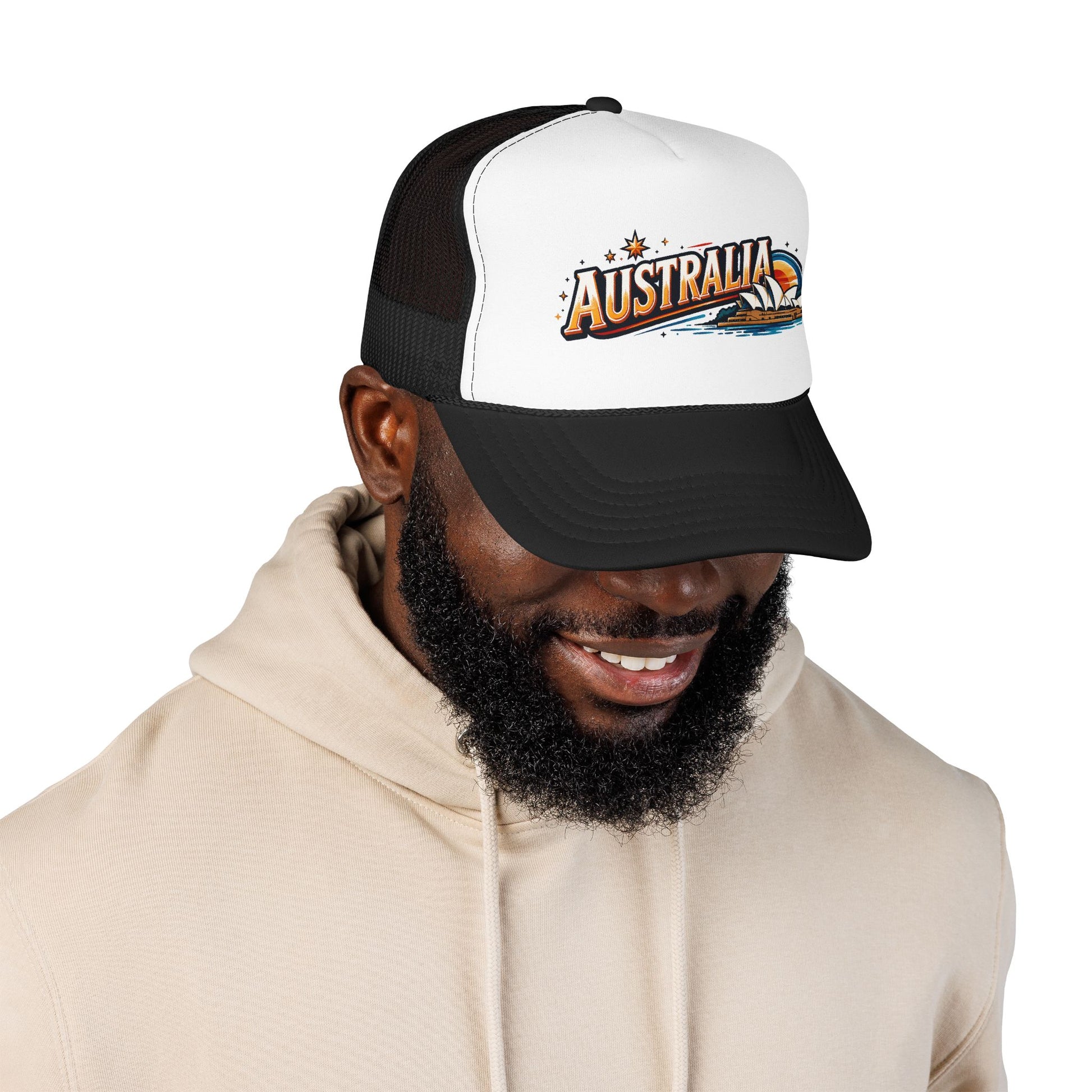 Black and white trucker cap worn on model, Australia front graphic