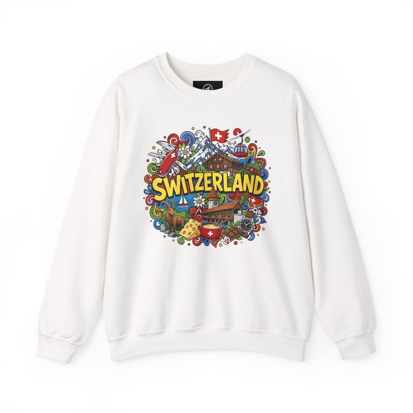 White crewneck sweatshirt with colorful Switzerland graphic on the front