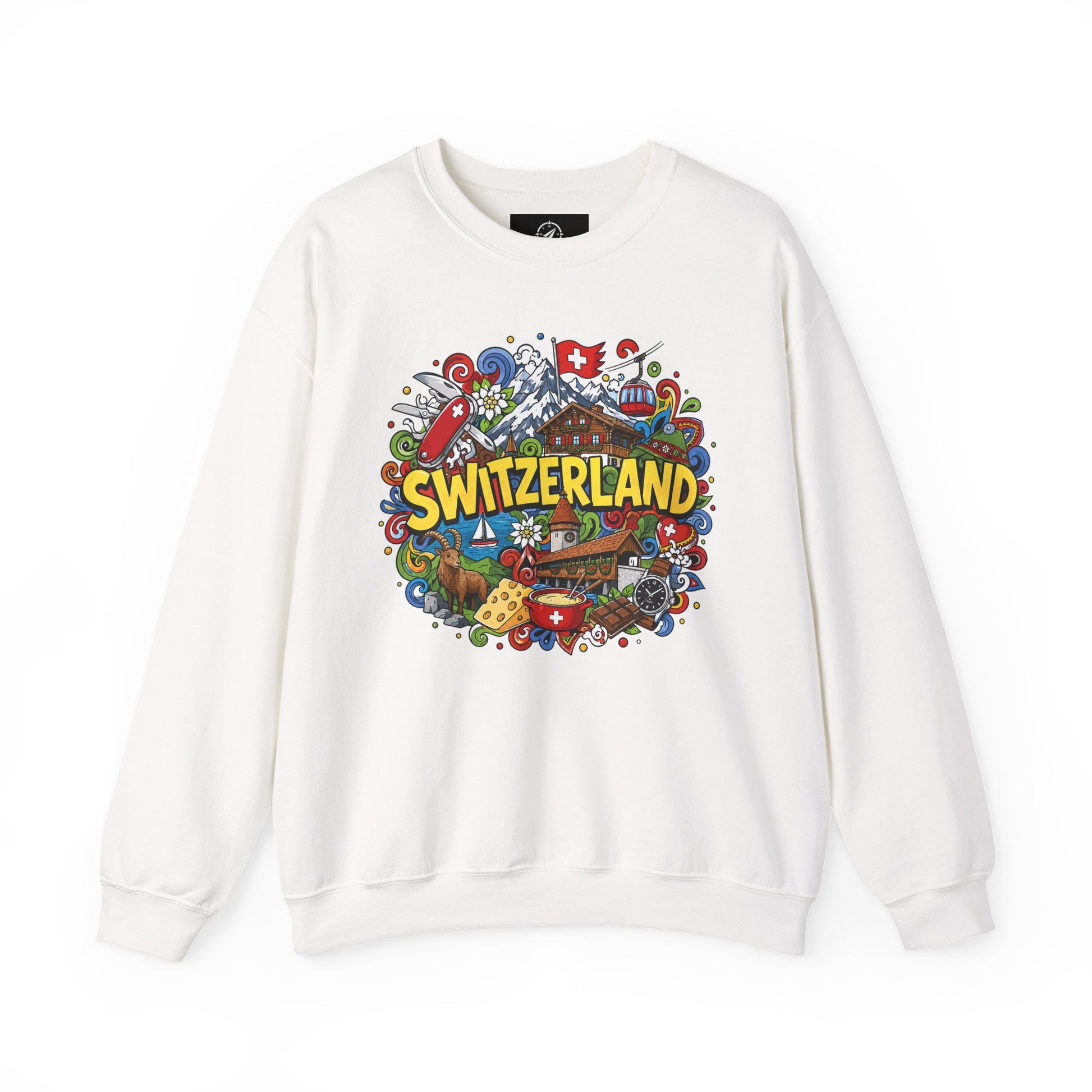 White crewneck sweatshirt with colorful Switzerland graphic on the front