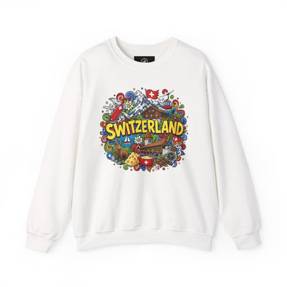 White crewneck sweatshirt with colorful Switzerland graphic on the front
