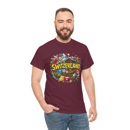 Maroon crew-neck T-shirt with colorful Switzerland graphic on the front