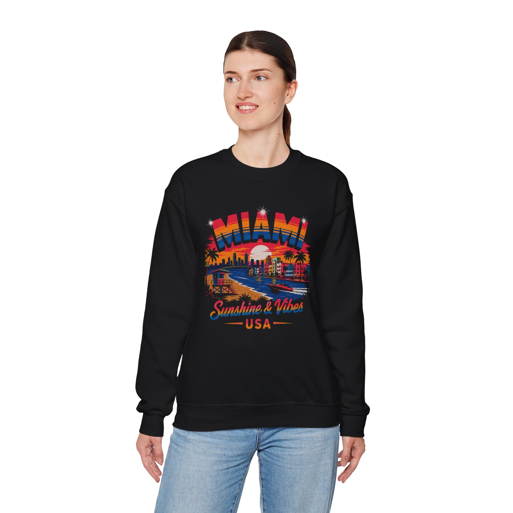 Black crewneck sweatshirt with Miami skyline graphic and Sunshine & Vibes USA print