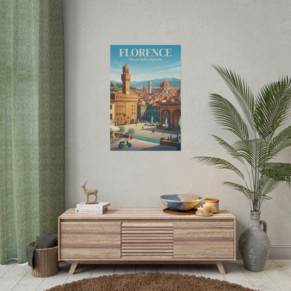 Florence rolled poster displayed on a wall with blue cityscape and “Piazza della Signoria”.