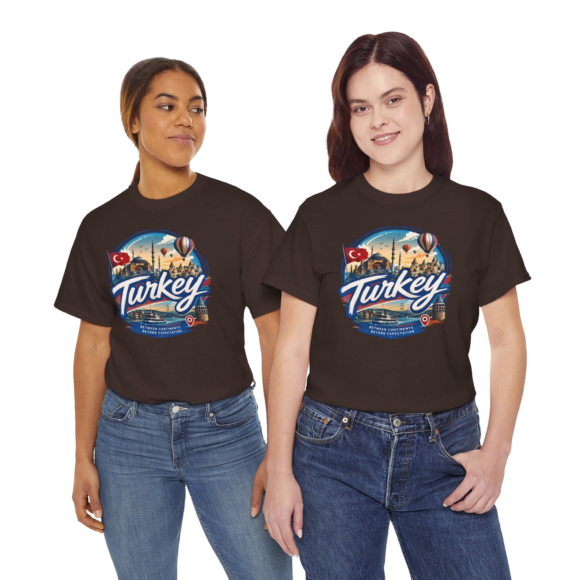 Dark chocolate travel T-shirt with circular Turkey graphic on front, crew neck, short sleeves