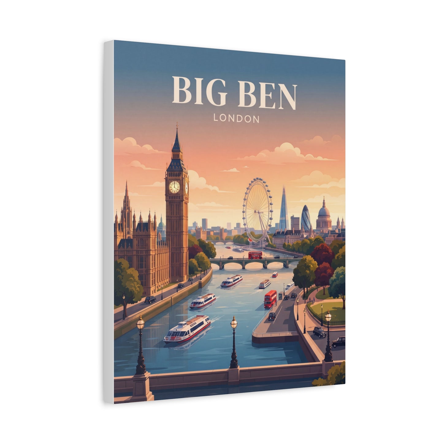 Matte canvas wall art with Big Ben clock tower, London cityscape, and Ferris wheel sunset