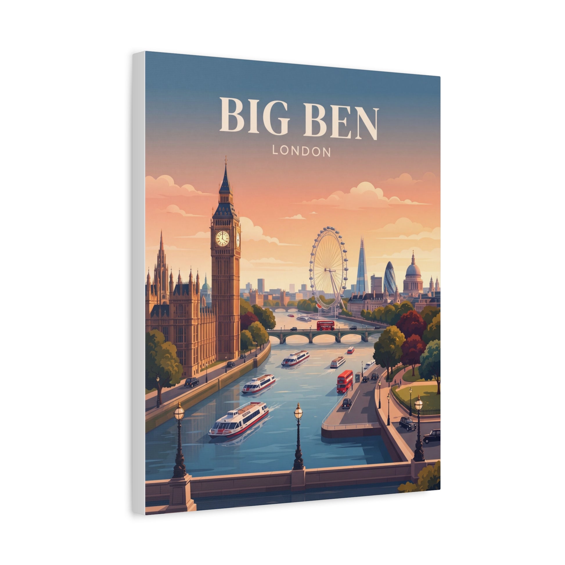 Matte canvas wall art with Big Ben clock tower, London cityscape, and Ferris wheel sunset