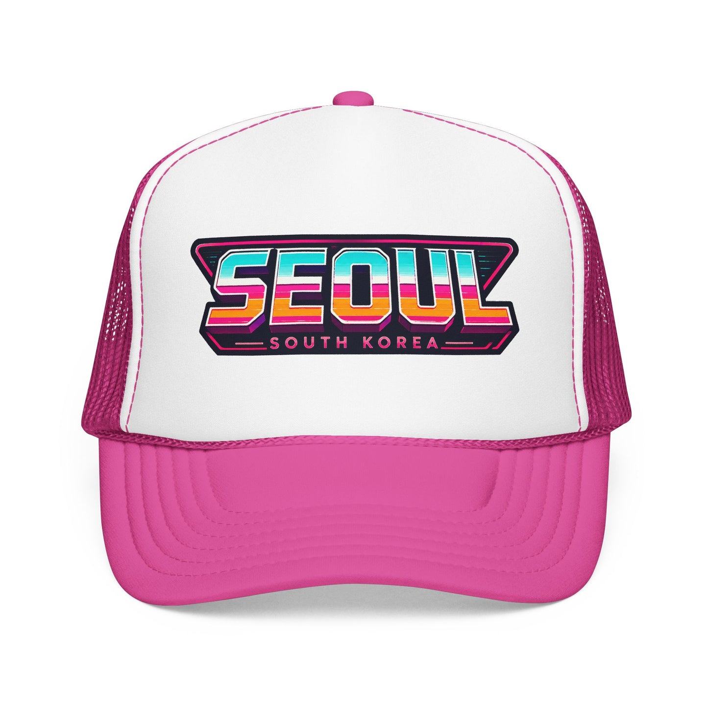 White and pink trucker hat with SEOUl South Korea logo patch on the front