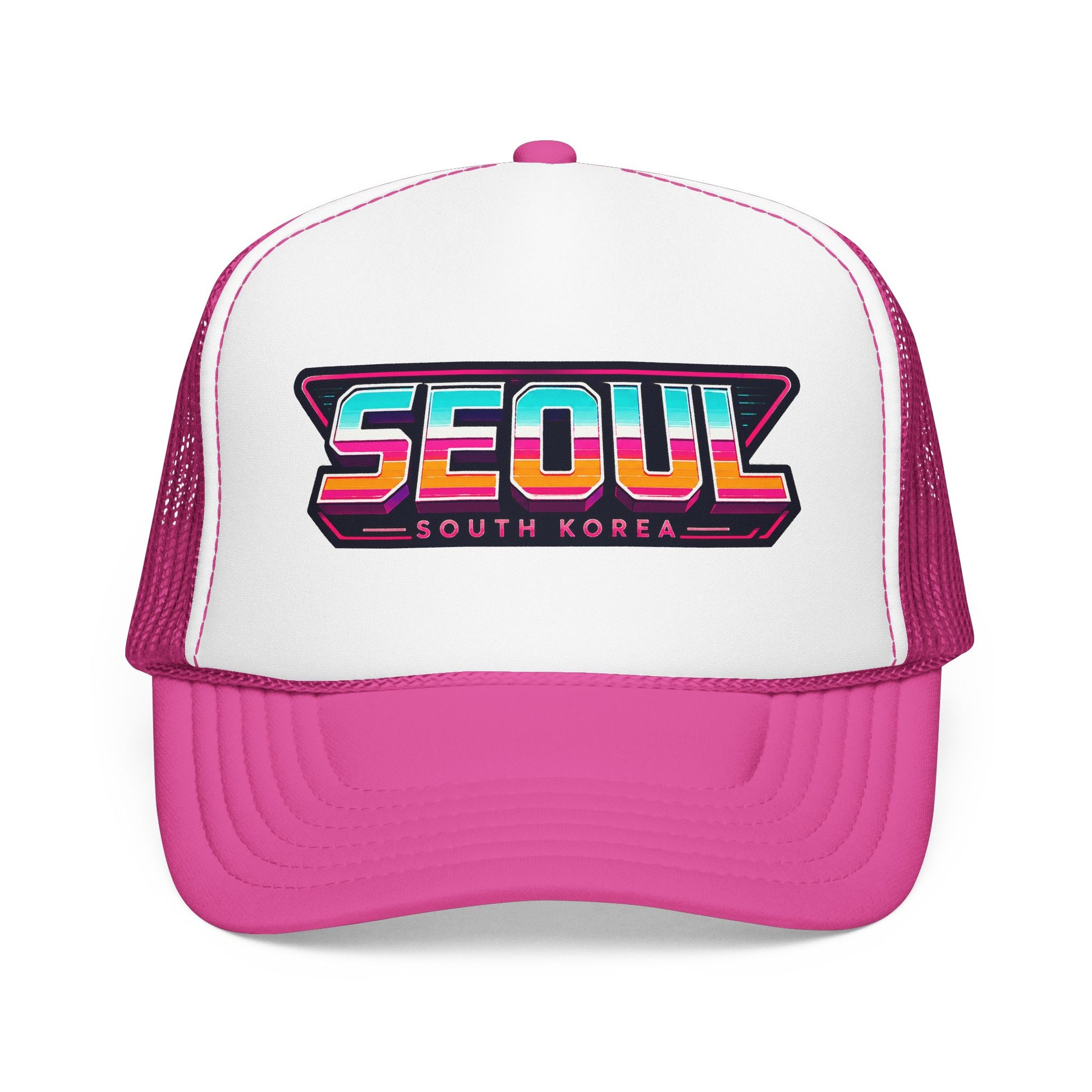 White and pink trucker hat with SEOUl South Korea logo patch on the front