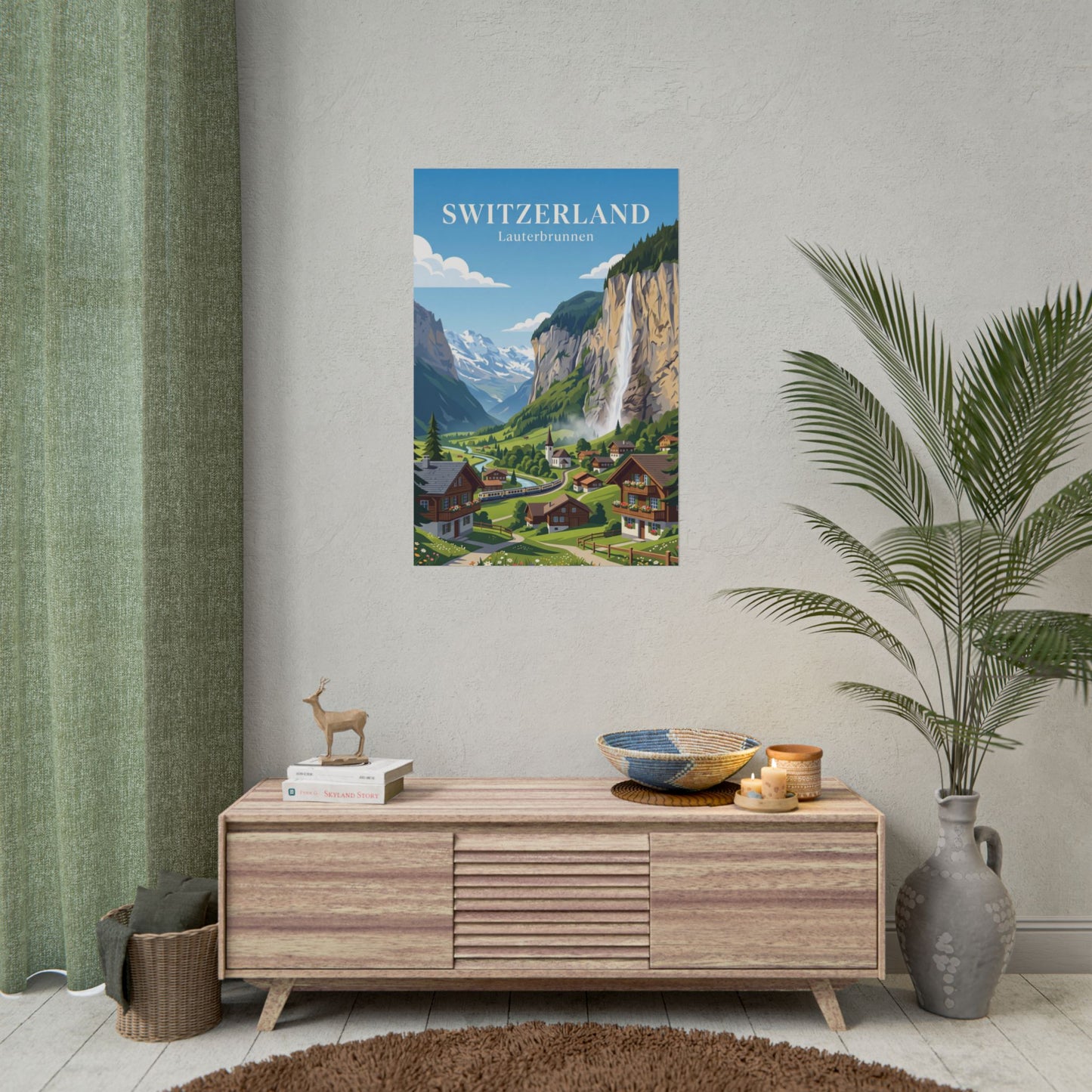 Rolled poster mounted on wall: Switzerland Lauterbrunnen scenery with waterfall and homes