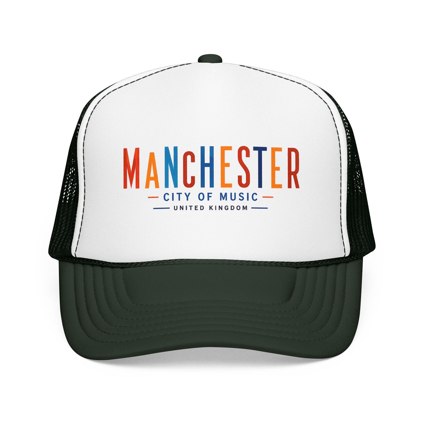 White trucker hat with black mesh sides and dark green curved brim; Manchester City of Music logo.