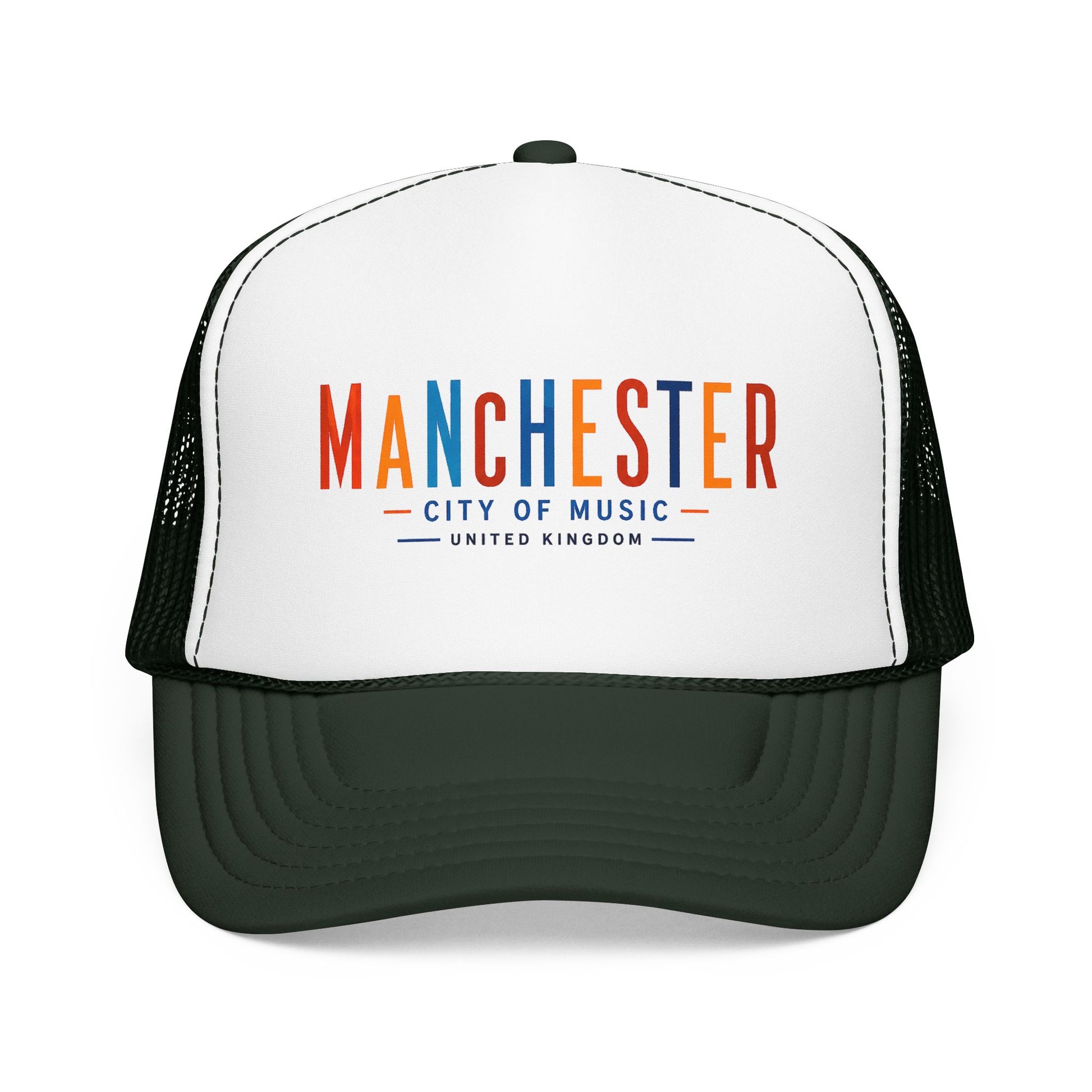 White trucker hat with black mesh sides and dark green curved brim; Manchester City of Music logo.