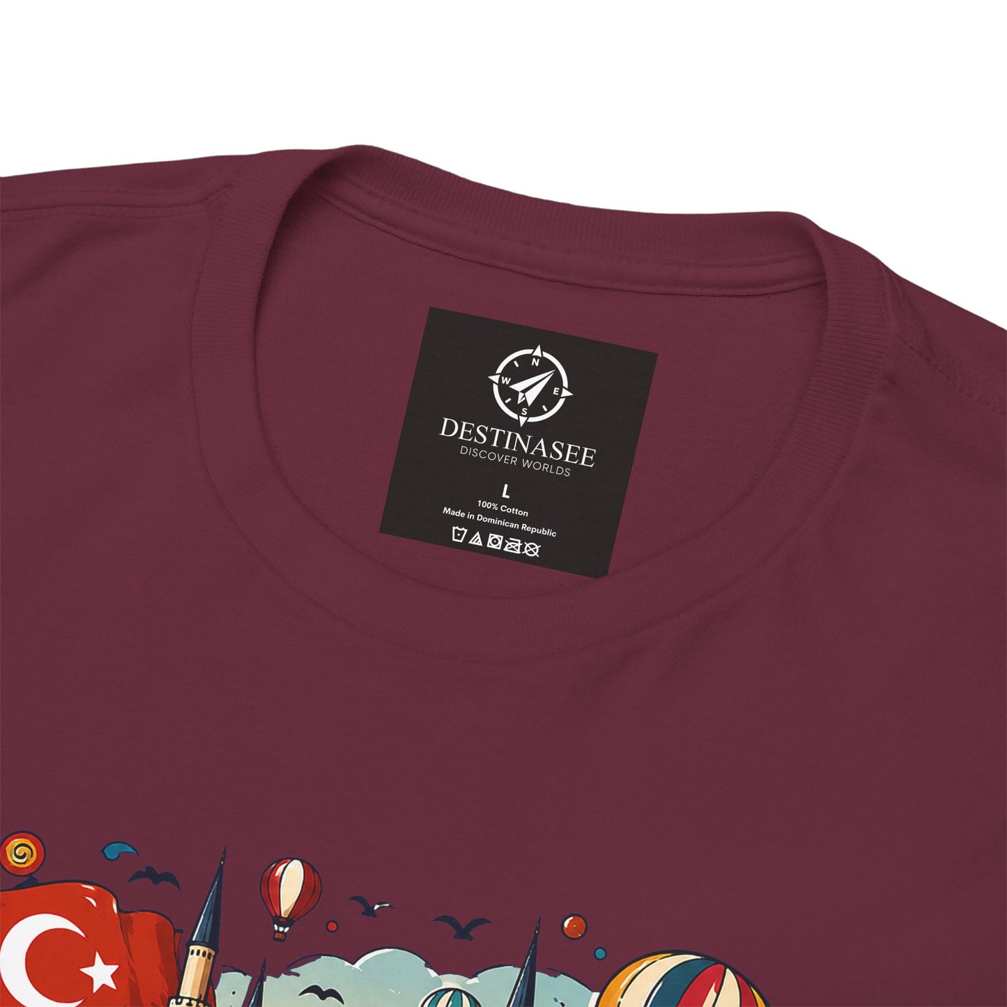 Maroon graphic T-shirt close-up showing collar tag and partial Turkey design