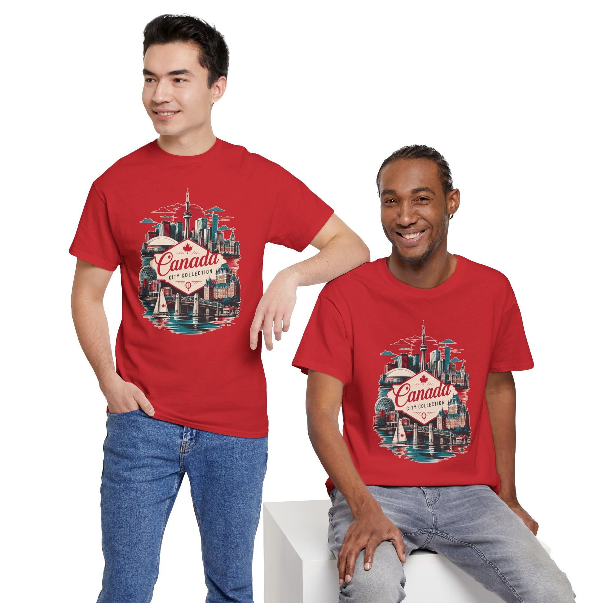Red T-shirt with front Canada skyline graphic, crew neck, short sleeves on two models.