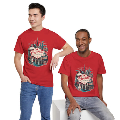 Red T-shirt with front Canada skyline graphic, crew neck, short sleeves on two models.