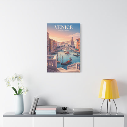 Venice canal matte canvas print with boats on canal beside balcony railing