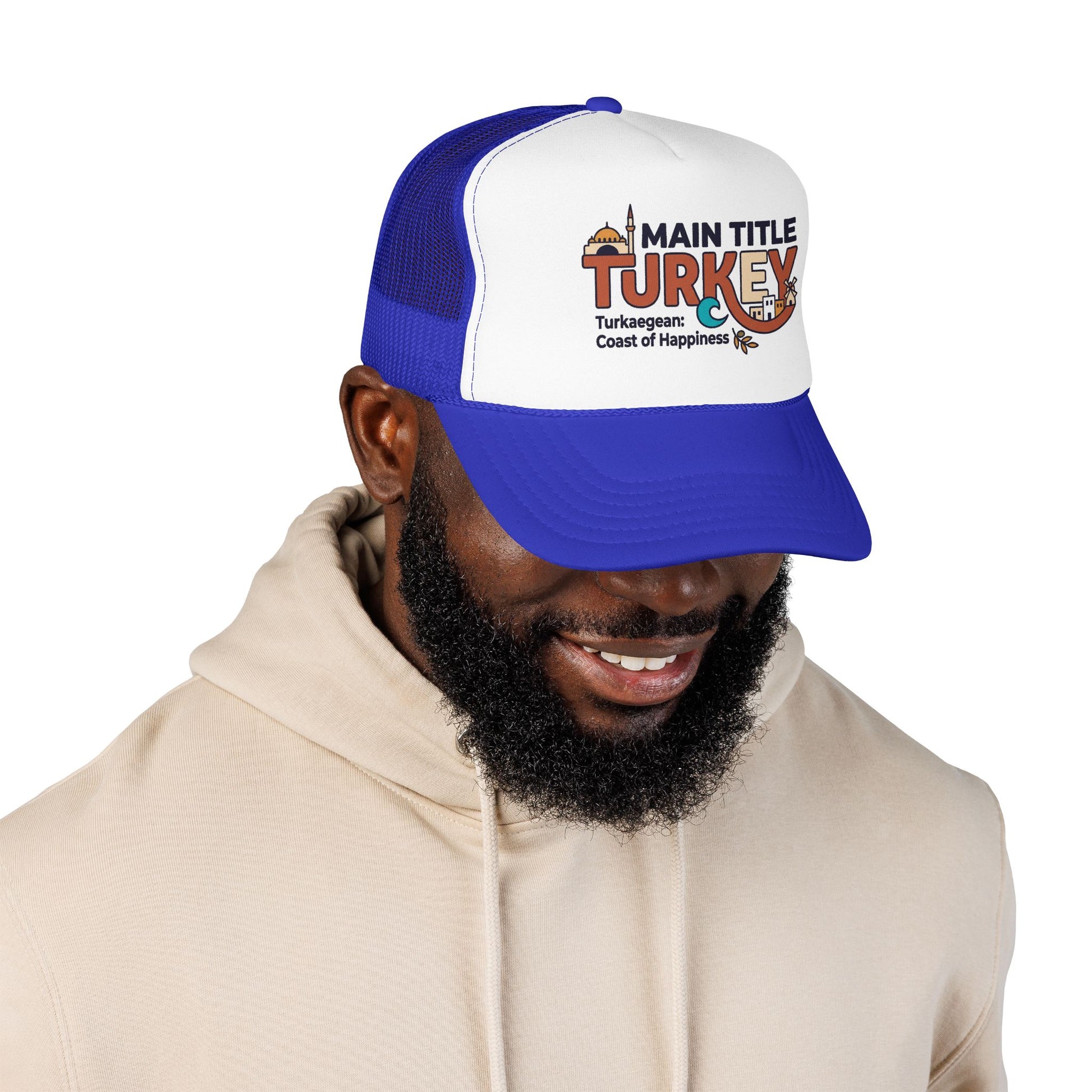 Blue and white trucker hat with embroidered turkey logo, worn by a man