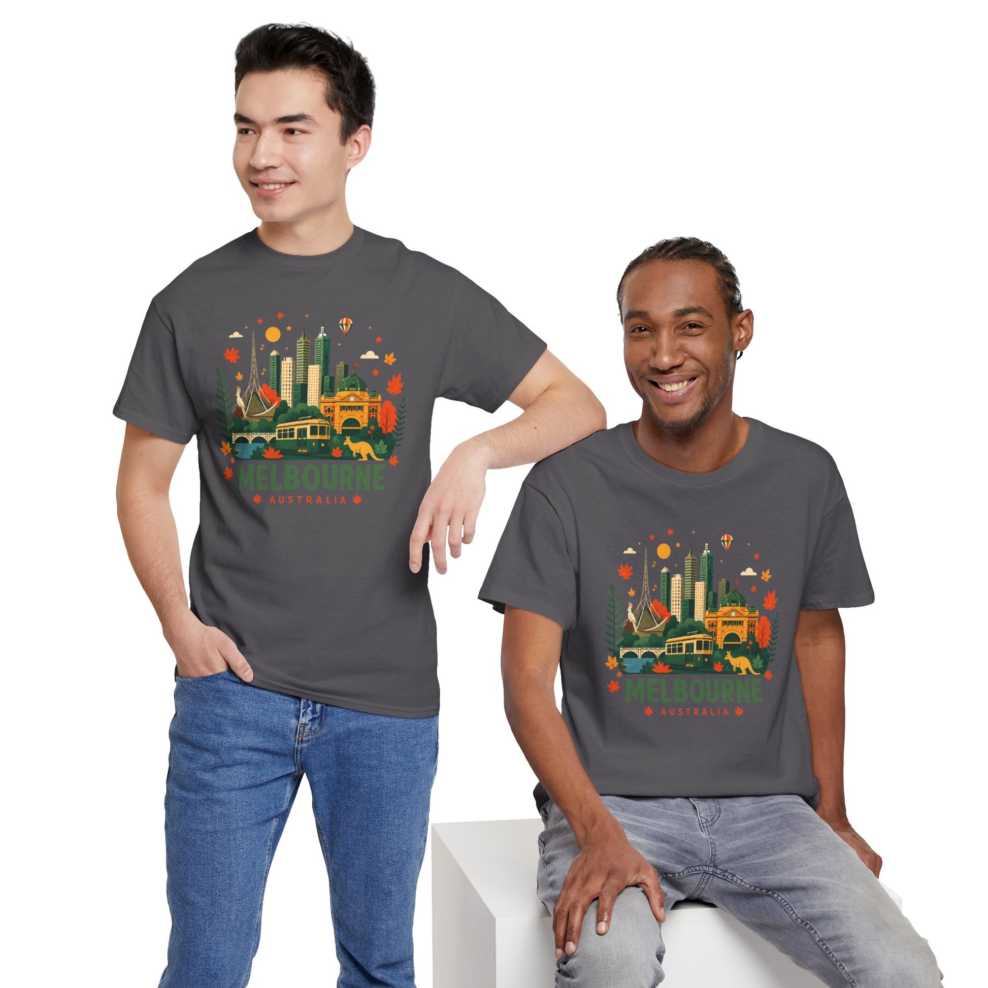 Charcoal gray Melbourne skyline T-shirt with front graphic; two people wearing matching shirts.