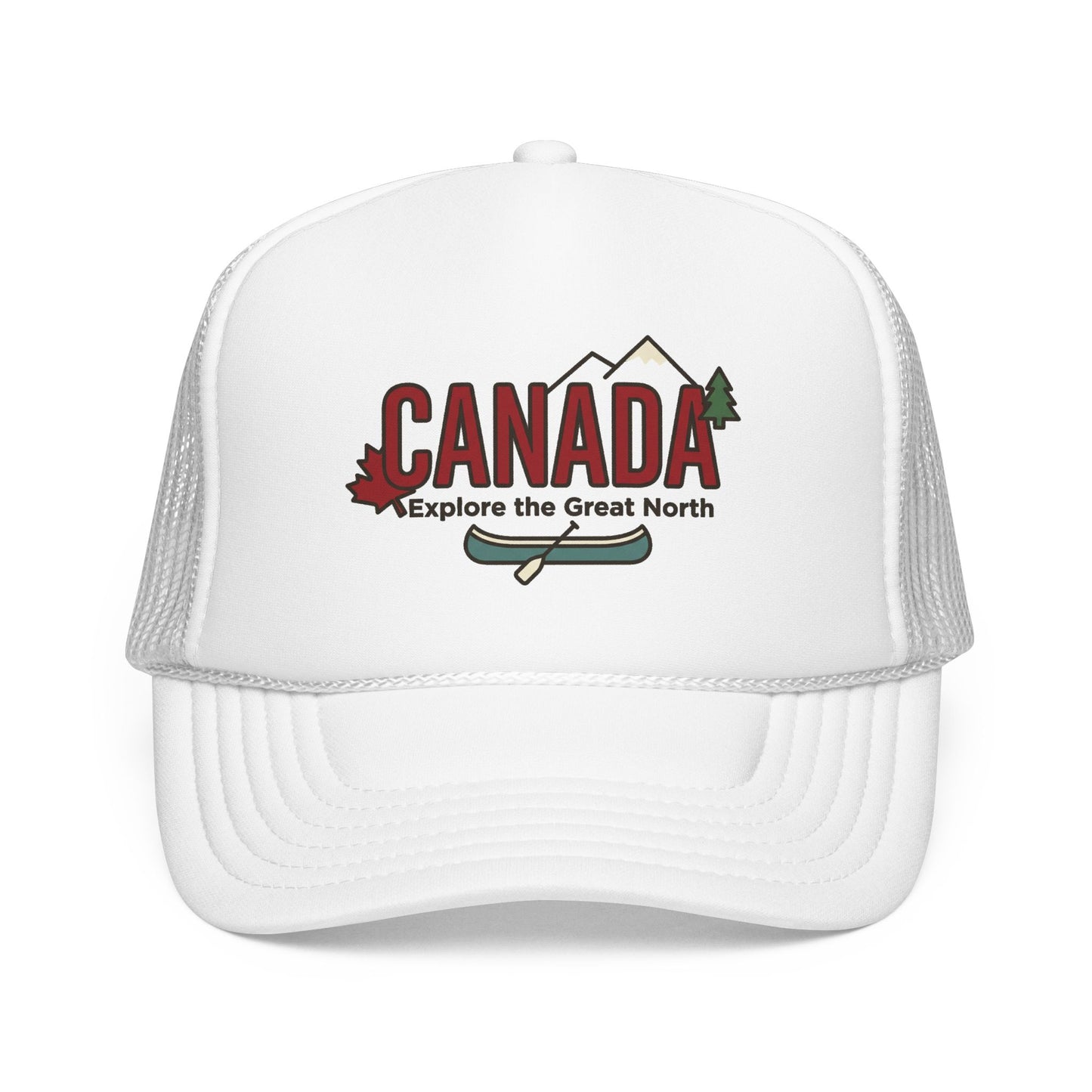 White foam trucker hat with Canada logo patch on the front and matching mesh sides.