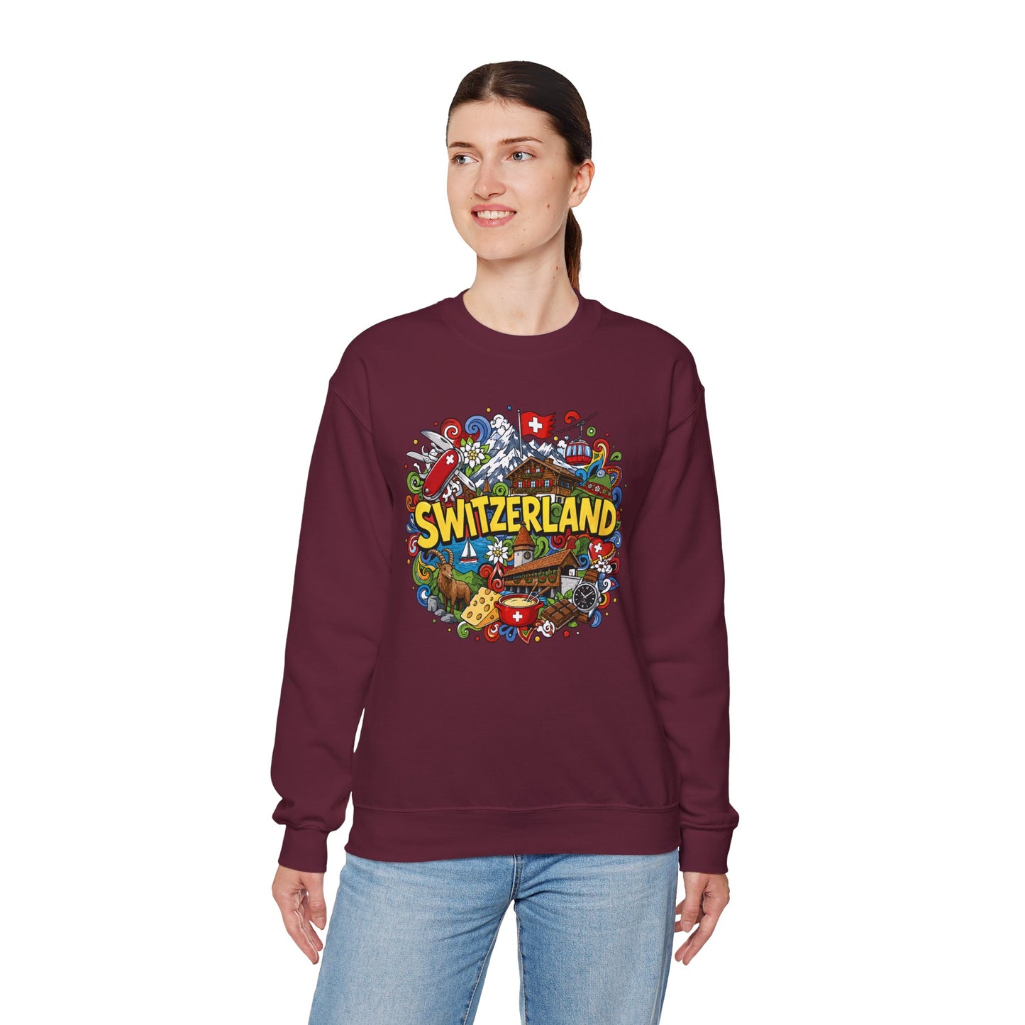Maroon crewneck sweatshirt with colorful Switzerland graphic on the chest.