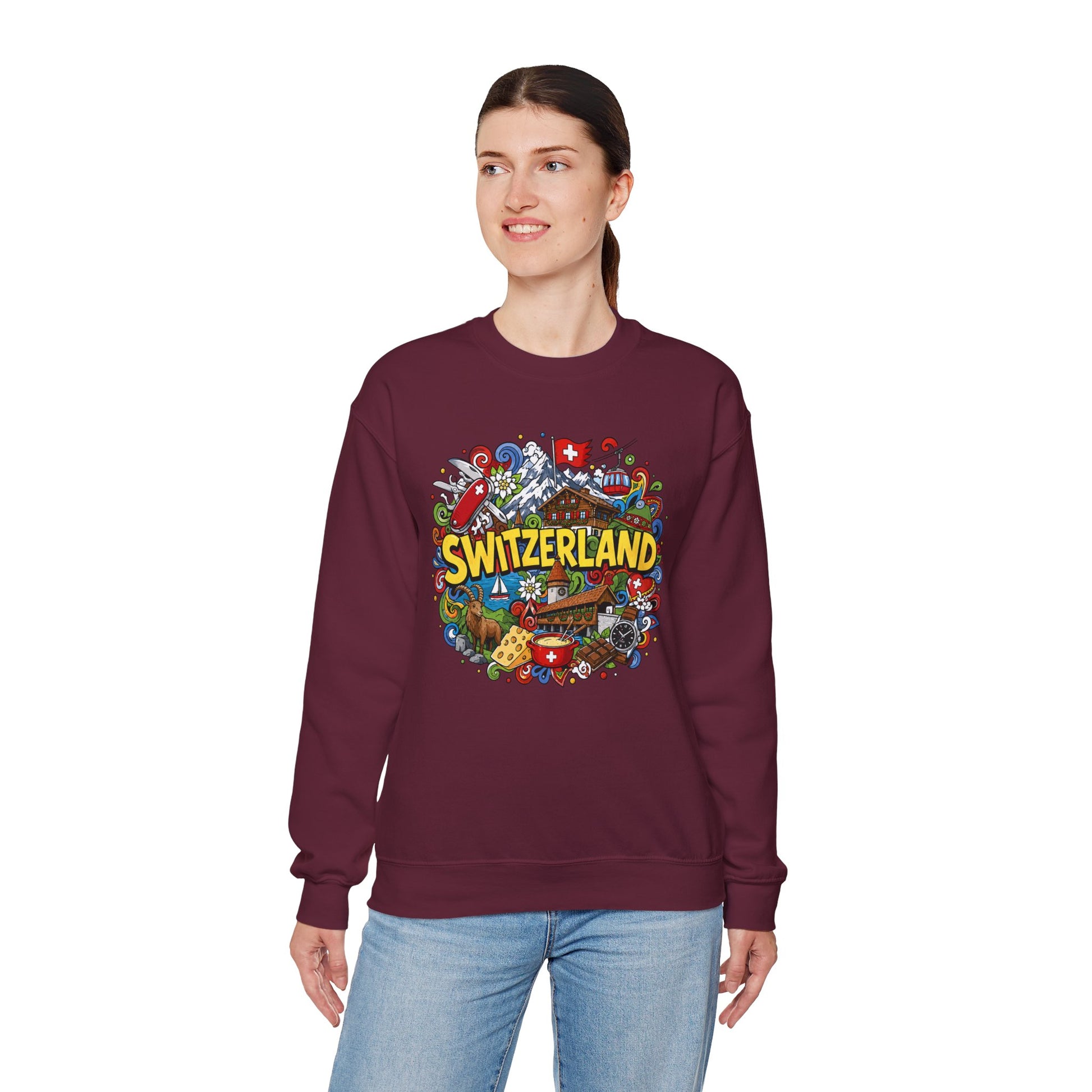 Maroon crewneck sweatshirt with colorful Switzerland graphic on the chest.