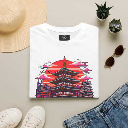 White T-shirt with large Osaka skyline graphic print on the front.