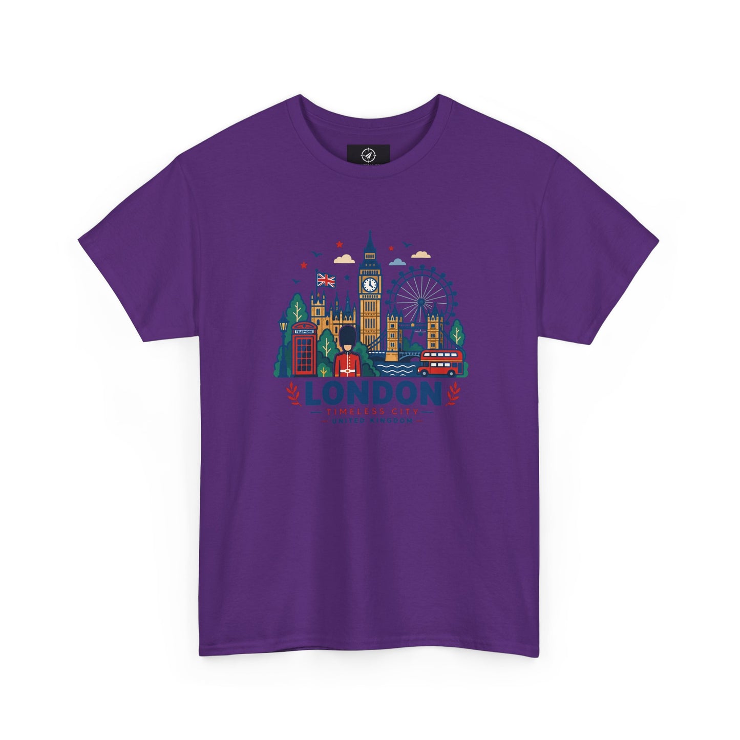 Purple London skyline t-shirt with colorful city graphic and “LONDON” text