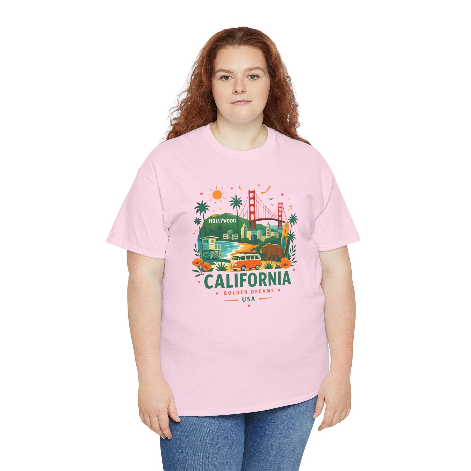 Light pink crew-neck T-shirt with colorful California travel graphic on the front