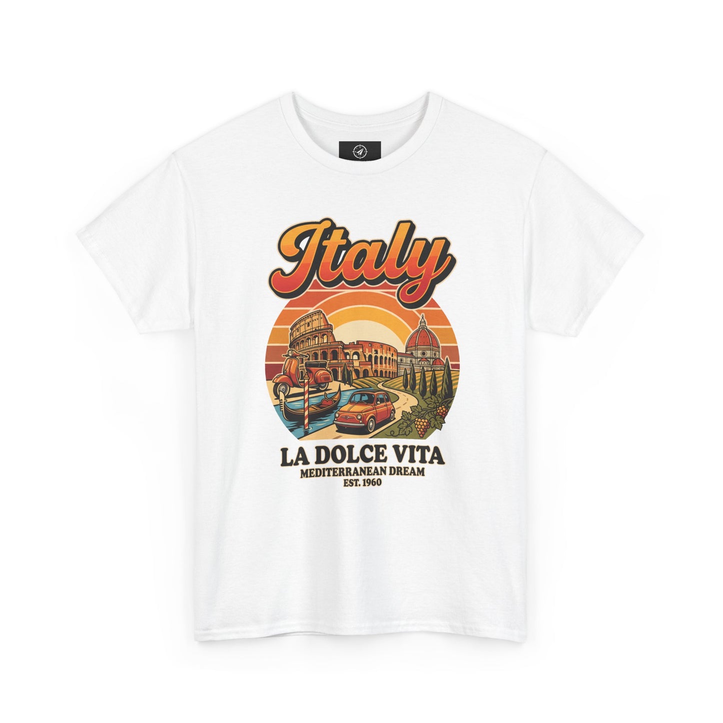 White vintage graphic T-shirt with orange Italy text and city illustration on front