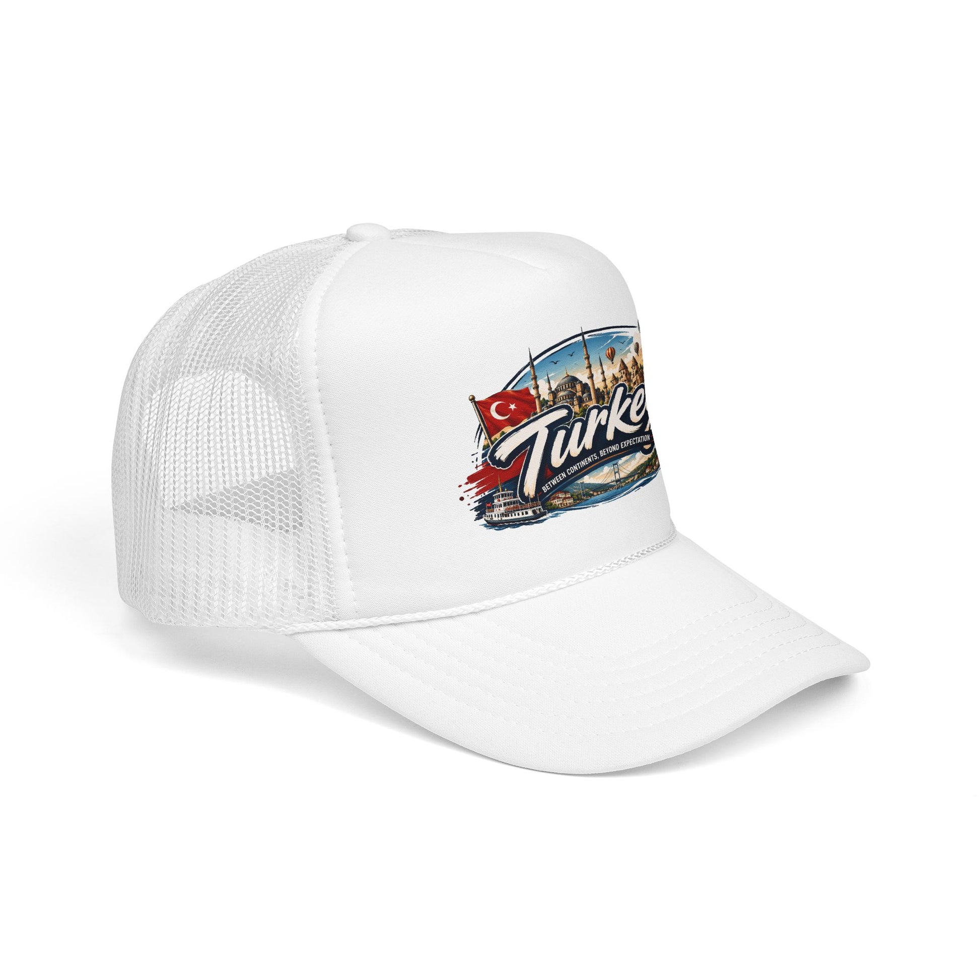 White trucker hat with mesh back, curved brim, and front Turkey graphic patch