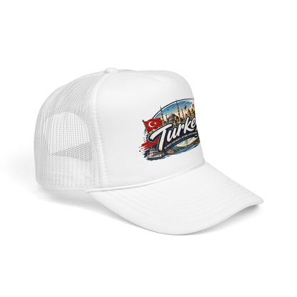 White trucker hat with mesh back, curved brim, and front Turkey graphic patch