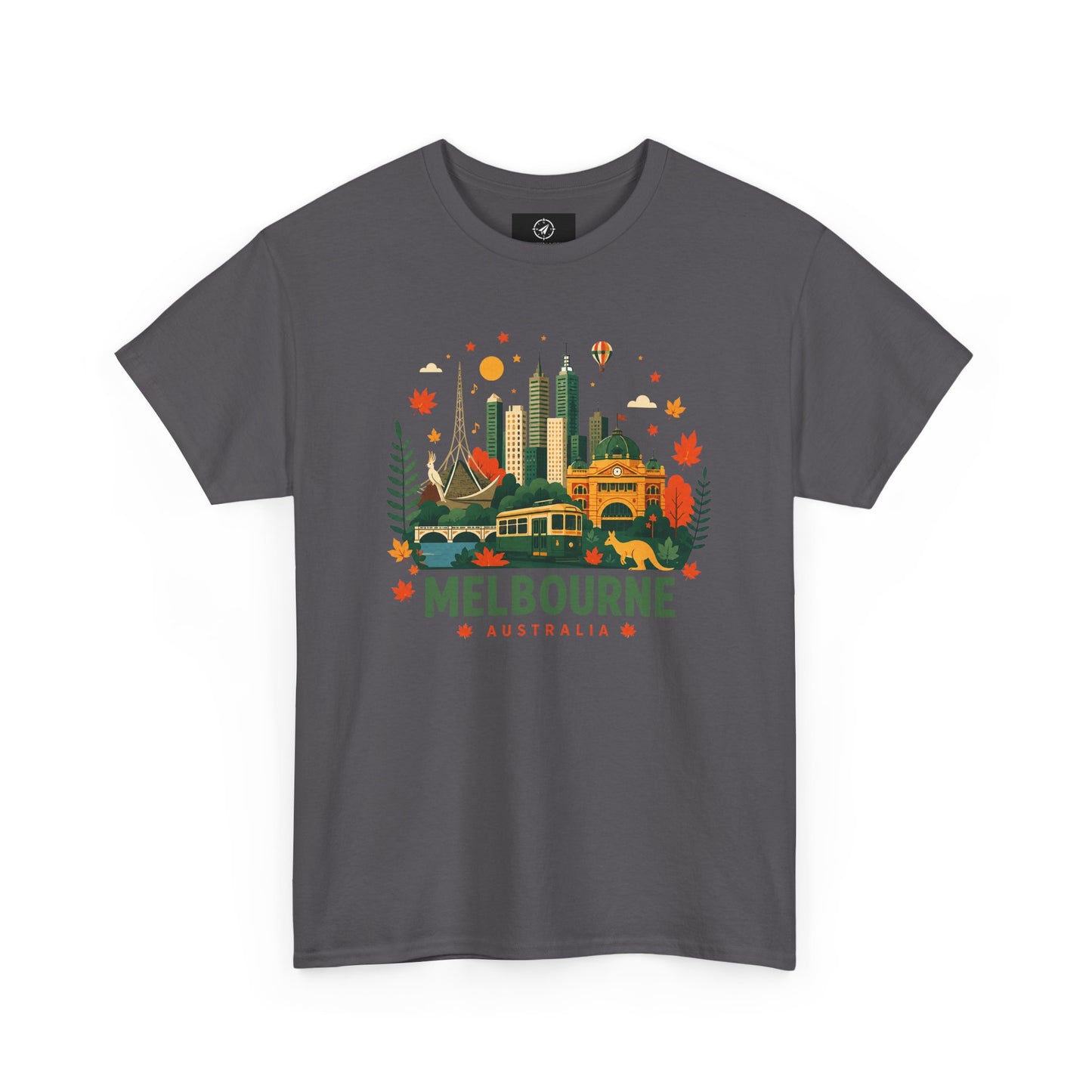 Melbourne skyline t-shirt in charcoal gray, front graphic city skyline with “Melbourne Australia” text