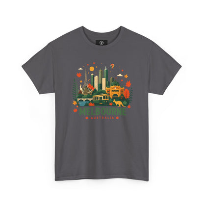 Melbourne skyline t-shirt in charcoal gray, front graphic city skyline with “Melbourne Australia” text