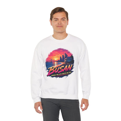 White crewneck sweatshirt, front graphic of Busan sunset over sea and skyline