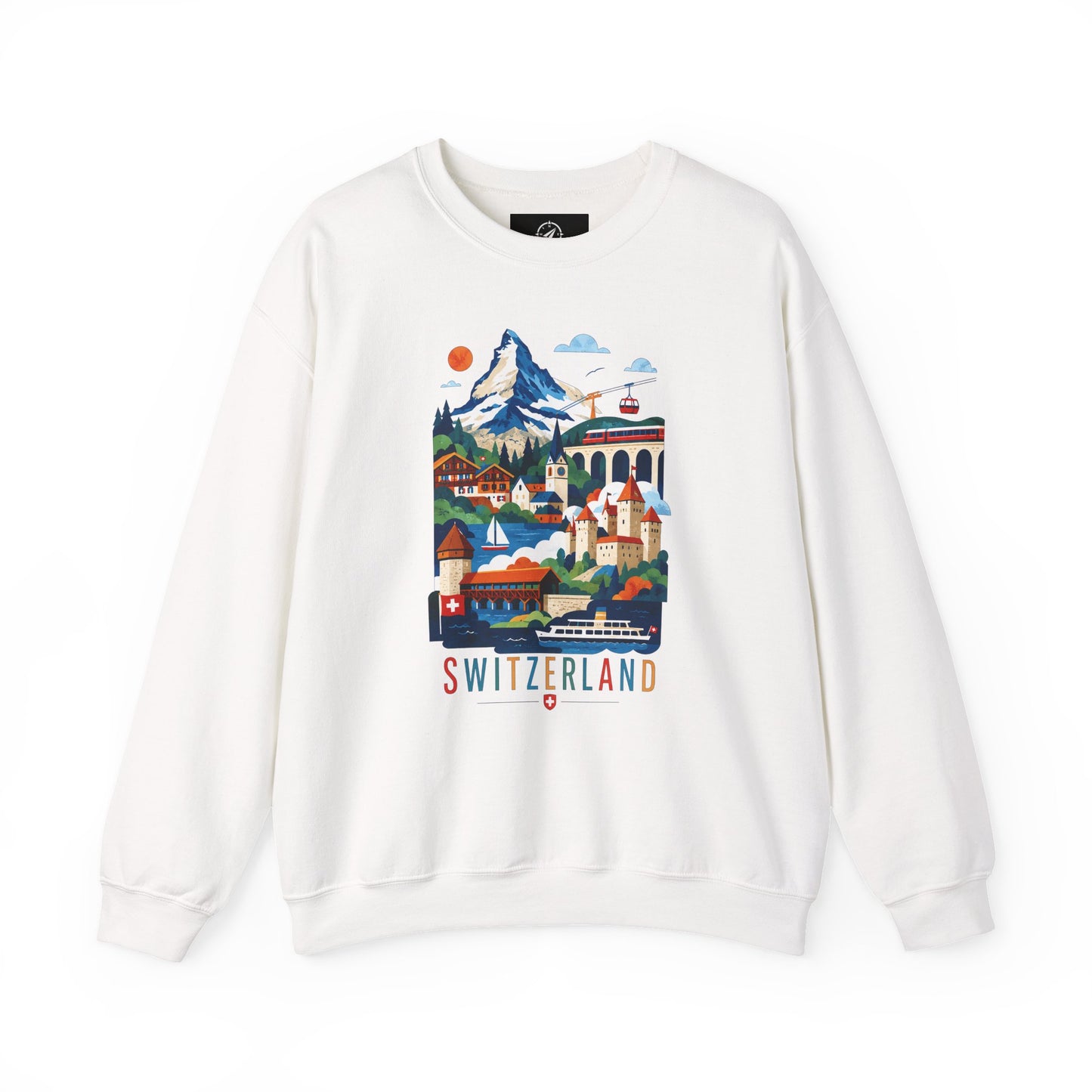 White crewneck sweatshirt with front graphic illustration and ribbed cuffs