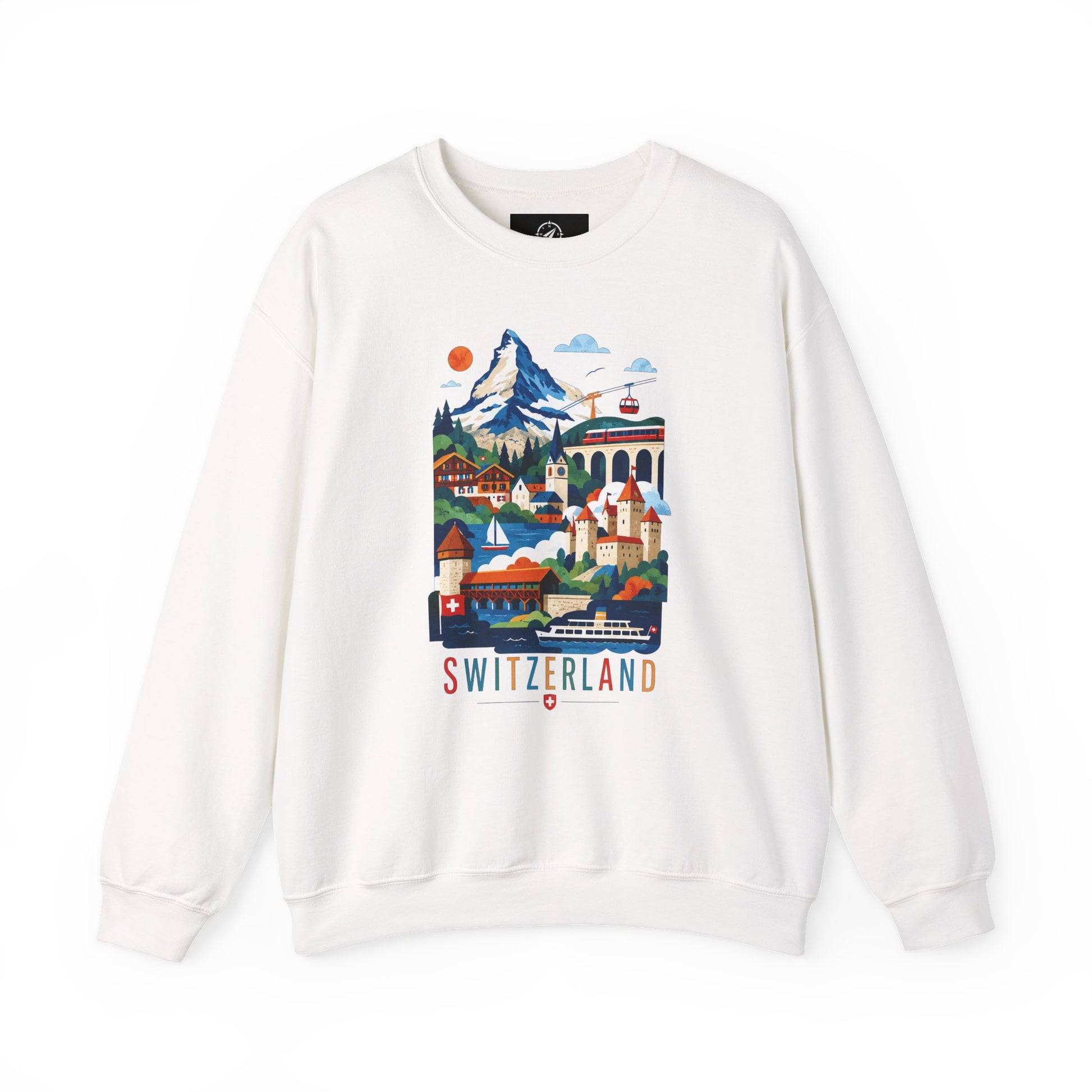 White crewneck sweatshirt with front graphic illustration and ribbed cuffs