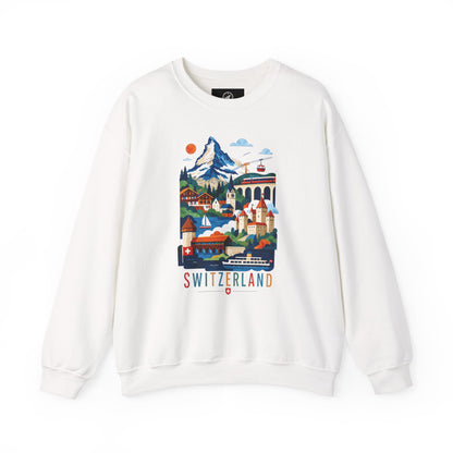 White crewneck sweatshirt with front graphic illustration and ribbed cuffs