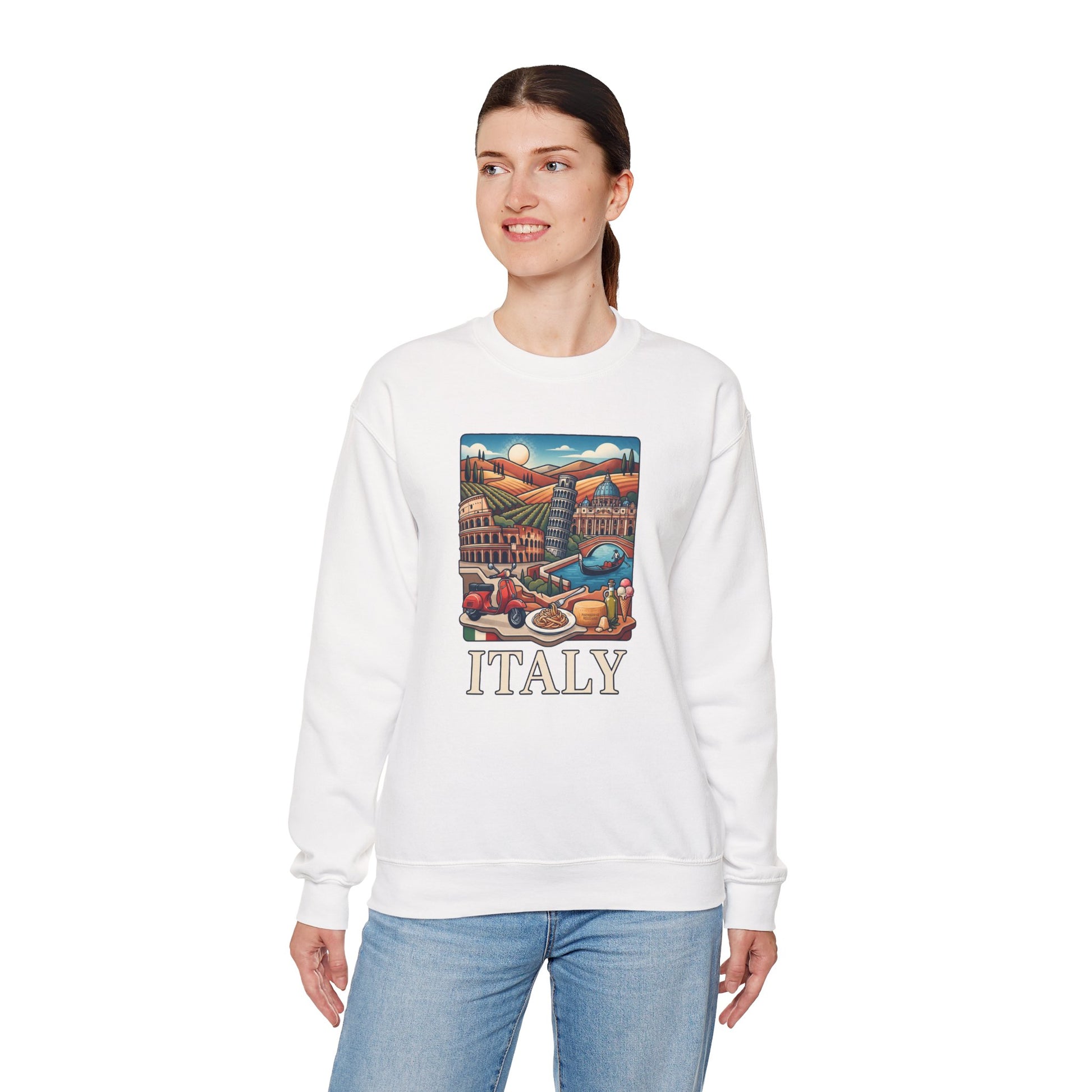 White travel sweatshirt with long sleeves and front “ITALY” graphic